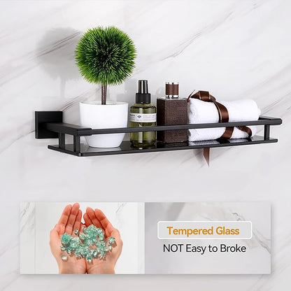 LANC Black Bathroom Shelves Glass Shelf 20-Inch Floating Tempered Glass Shelf Rectangular Modern Stainless Steel Wall Mounted Shelves for Shower Bathroom Kitchen Organizers Accessories ，A7613AB