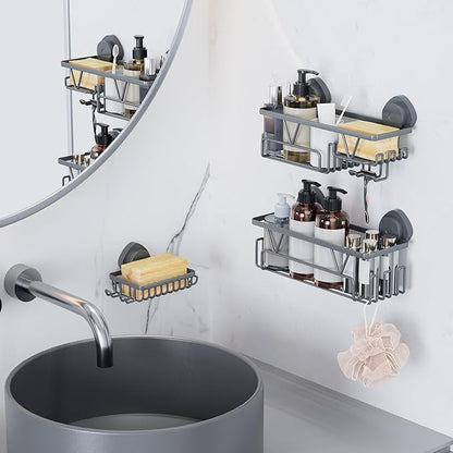 KEGII Suction Cup Shower Caddy – 3 Pack Suction Cup Shelf with Soap Holder & Hooks, Rustproof Stainless Steel Shower Organizer, Removable No Drilling Bathroom Storage Rack, Dark Gray