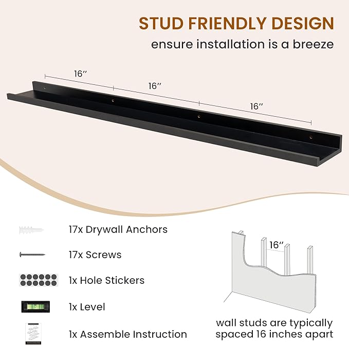 Axeman Picture Ledge Shelf, Floating Shelves for Wall Decor Storage Set of 6, 55 inch Floating Wall Mounted Shelves, Shelves with Lip for Living Room, Bedroom, Nursery, Bathroom, Kitchen, Black