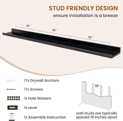 Axeman Picture Ledge Shelf, Floating Shelves for Wall Decor Storage Set of 6, 55 inch Floating Wall Mounted Shelves, Shelves with Lip for Living Room, Bedroom, Nursery, Bathroom, Kitchen, Black