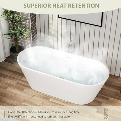 63" Acrylic Freestanding Bathtub - Mocoloo Modern Elegant Soaking Bathroom Tub Stand Alone, Matte White, Overflow and Stainless Offset Drain
