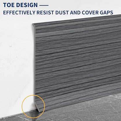 Flexible Baseboard Molding Trim 4 Inch Self-Adhesive Vinyl Wall Base Peel and Stick Cove Base Rubber Wall Baseboard Moulding Trim (200Ft, Deep Gray Wood Grain)
