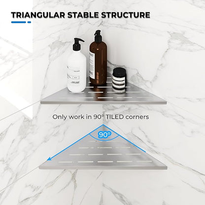 FerdY 2-Pack 10" Brushed Nickel Recessed Corner Shower Shelf, for Tiled Bathroom Walls, 304 Stainless Steel Floating Shelf, Shower Caddy Storage Shelves, No Drilling Required, Striped Triangle