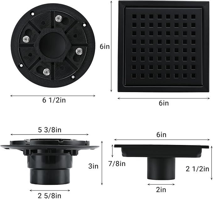 6 Inch Square Shower Floor Drain, Stainless Steel Black Shower Drain Kit with Flange, Floor Drain with Removable Grid Cover,Matte Black