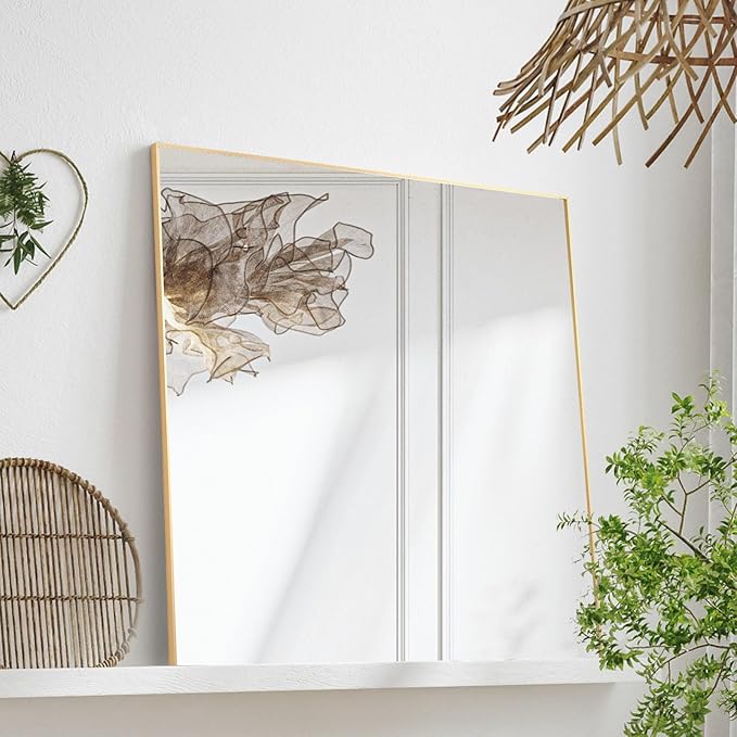 30x30 Inch Gold Bathroom Mirror, Copper-Free Mirror, Aluminum Alloy Frame Vanity Mirror, Rectangle Wall Mounted Mirror, Modern Mirror for Bedroom/Living Room/Porch Horizontal or Vertical