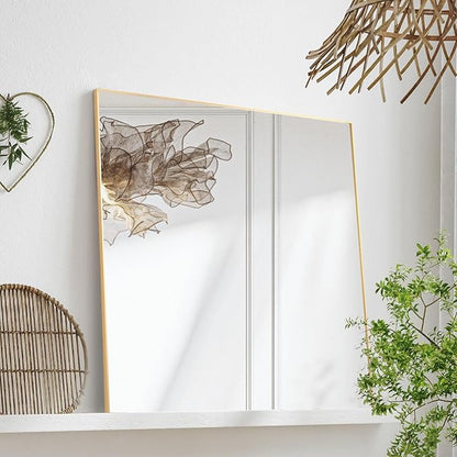 30x30 Inch Gold Bathroom Mirror, Copper-Free Mirror, Aluminum Alloy Frame Vanity Mirror, Rectangle Wall Mounted Mirror, Modern Mirror for Bedroom/Living Room/Porch Horizontal or Vertical