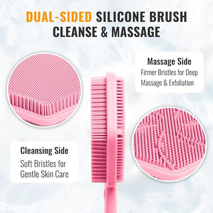 Silicone Back Scrubber for Shower – 21in Extendable Shower Brush with Long Handle – Dual-Sided Back Brush with Non-Slip Grip, Gentle Cleansing & Exfoliation for Men, Women, Elderly (Pink)