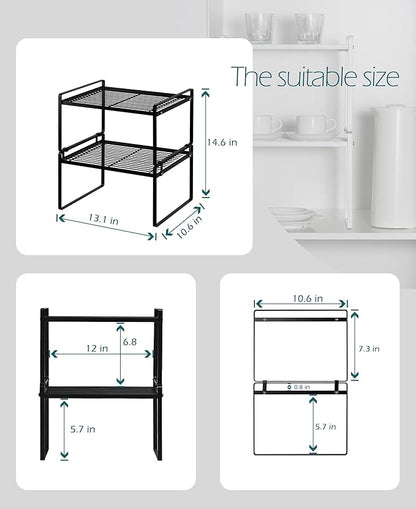 2Pack Kitchen Cabinet Shelf Counter Organizer Rack Pantry Storage Bathroom Bedroom Office Table Desk Space Saving Stackable Rust Resistant Non Slip Black Wide L13.1in W10.6in H7.3in