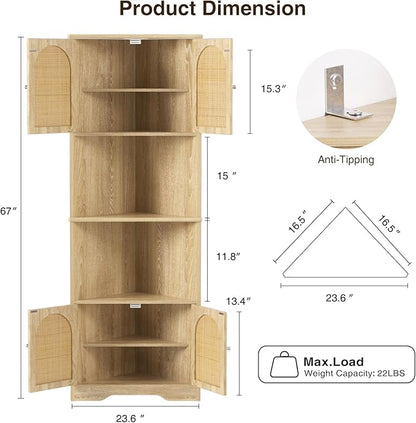 67''H Tall Corner Cabinet with Handmade Rattan Door, Rattan Storage Cabinet with Adjustable Shelves, Corner Bookshelf Space Saver for Barthroom, Kitchen, Natural