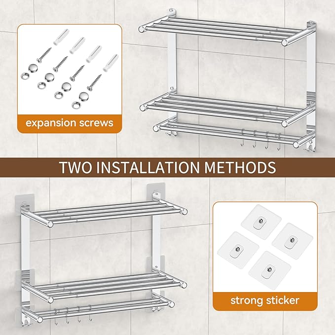 Bathroom Towel Rack with Shelf and Towel Bar, 2-Tier Expandable (16.9 to 28 Inches) SUS304 Stainless Steel, Wall Mounted or Adhesive, 4 Sliding Hooks Rust Resistant, Rounded Corners, Side Guards