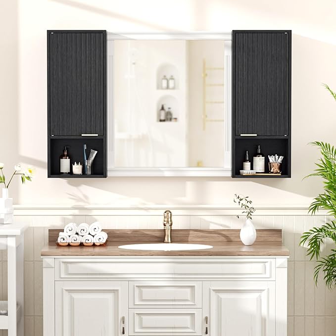 59.1" Tall Slim Bathroom Storage Cabinet Black | Freestanding or Wall Mounted Modular Cabinet, Fluted Panel Linen Tower with Adjustable Shelves for Small Spaces