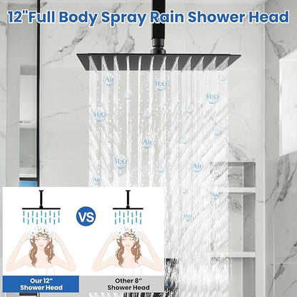 Airuida Shower Faucet Set and Handle Set Single Function Shower Trim Kit Ceiling Mount Rainfall Shower System with Male Threads and Rough-in Valve 12 Inch Square Shower Head Matte Black