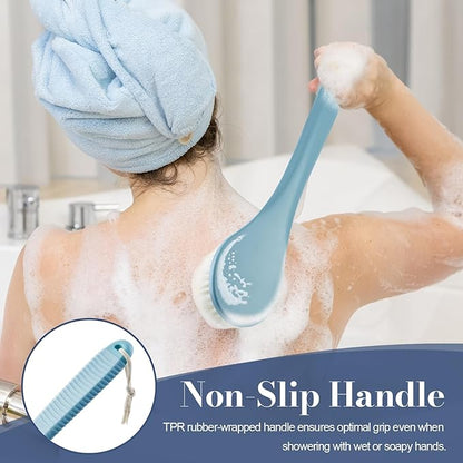 Back Scrubber for Shower, Shower Body Brush for Cleaning with Long Handle for Showering, 17 Inch Back Washer Exfoliator for Shower Men Women with Non-Slip Handle, Adhesive Hook (Blue)