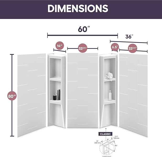 White Acrylic Shower Wall Surround 36"x 60"x 80" - Waterproof, Easy-to-Install, Two Shelf Units Kit Included - Shower Wall Surround Panels - Vertical Pattern, Dynamic Shelves - Noah William Home