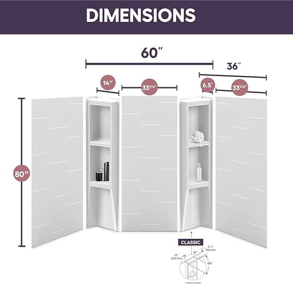 White Acrylic Shower Wall Surround 36"x 60"x 80" - Waterproof, Easy-to-Install, Two Shelf Units Kit Included - Shower Wall Surround Panels - Vertical Pattern, Dynamic Shelves - Noah William Home