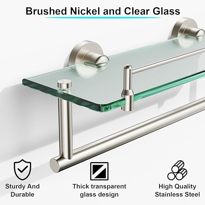 Floating Tempered Glass Bathroom Shelf with Towel Bar - Brushed Nickel & Stainless Steel, Wall Mount 16 Inch