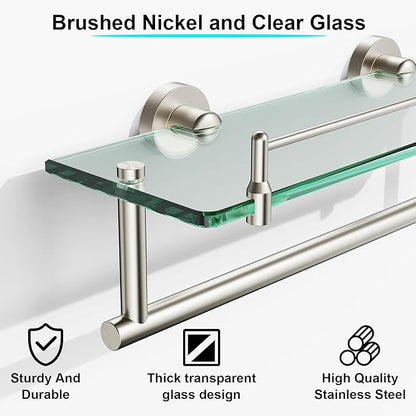 Floating Tempered Glass Bathroom Shelf with Towel Bar - Brushed Nickel & Stainless Steel, Wall Mount 16 Inch