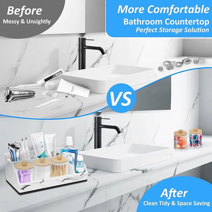 Marble Toothbrush Holder for Bathroom Organizer Countertop, Toothbrush Organizer with 3PCS Qtip Holder Dispenser, Toothbrush and Toothpaste Holder for Bathroom Counter Organization Storage Vanity