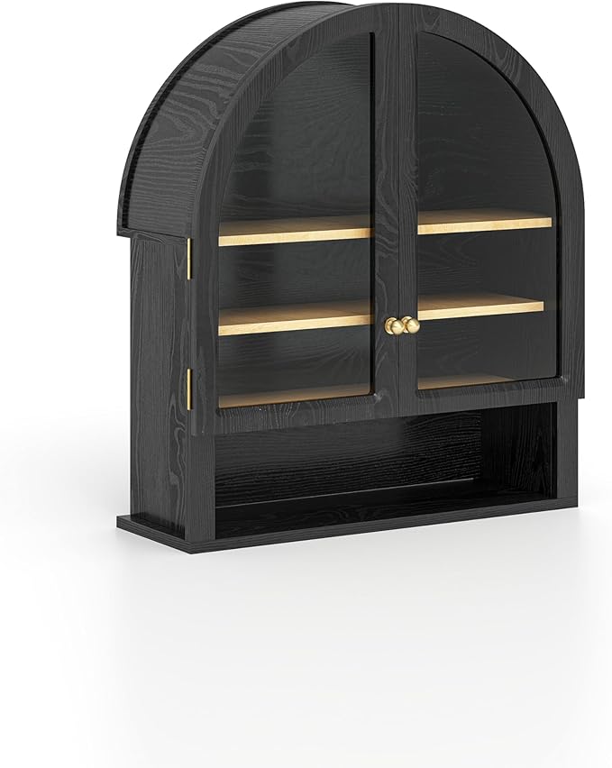 Large Arched Wall Cabinet with Acrylic Door, Wood Wall Mounted Bathroom Cabinet, Modern Hanging Medicine Cabinet with Adjustable Shelf and Open Shelf, Black/Oak