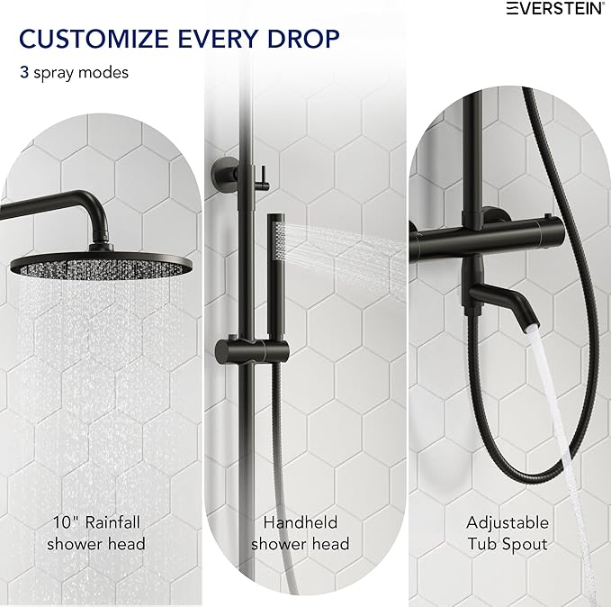 Exposed Shower System with Tub Spout, EVERSTEIN 10 inch High Pressure Shower Faucet Set, 3-Function Wall Mount Rain Showerhead with Handheld Sprayer, Outdoor Bathroom Fixtures, Matte Black