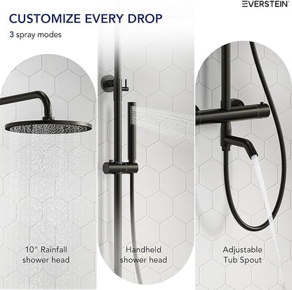 Exposed Shower System with Tub Spout, EVERSTEIN 10 inch High Pressure Shower Faucet Set, 3-Function Wall Mount Rain Showerhead with Handheld Sprayer, Outdoor Bathroom Fixtures, Matte Black