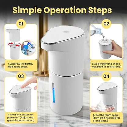 Automatic Foaming Soap Dispenser, 13oz/350ml White Touchless Foam Hand Soap Dispenser with 3 Foam Levels，Wall-Mounted & Countertop Design Type-C Rechargeable for Kitchen Bathroom