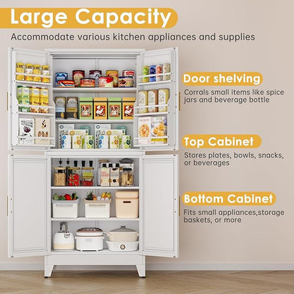 75" Tall Metal Kitchen Pantry Storage Cabinet, Freestanding Cupboard Storage Cabinet with 4 Doors and 4 Adjustable Shelves, Large Stand Up Food Cupboard for Dinning Room, Bathroom, White