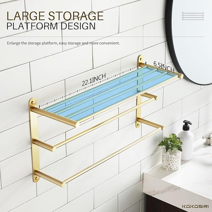 KOKOSIRI 3 Tier Bath Towel Rack 24 Inch Wall Mounted Rack with Towel Bars Towel Shelf with Single Towel Bar Bathroom Ladder Brushed Gold B5003BG
