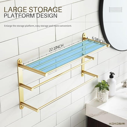 KOKOSIRI 3 Tier Bath Towel Rack 24 Inch Wall Mounted Rack with Towel Bars Towel Shelf with Single Towel Bar Bathroom Ladder Brushed Gold B5003BG