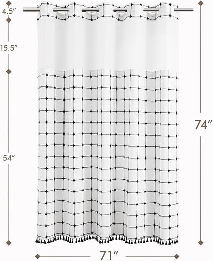 ROSERY No Hook Shower Curtain with Snap in Fabric Liner Set, Boho Farmhouse Black and White Woven Jacquard Grid Shower Curtain for Bathroom with Tassel, Checkered Pattern, 71" W x 74" L