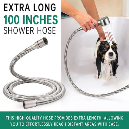 3 Mode Dog Shower Attachment, High Pressure Handheld Sprayer with ON/OFF Switch, G1/2" Metal Shower Diverter, 100 Inches Stainless Steel Hose, No Drill Hook, for Indoor Pet Bathing and Washing