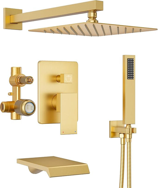 Shower System with Tub Spout, All Metal Tub Shower Faucet Set with 10-Inch Rain Shower Head and Handheld Spray combo, Wall Mounted Shower Combo Set with shower valve and Trim kit,Brushed Gold