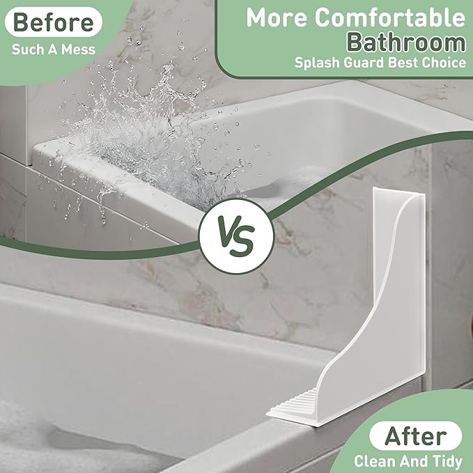 No-Adhesive 2-Pack All-Silicone Shower Splash Guard with Strong Suction Cups, Reusable Bath Tub Corner Water Blocker for Secure Seal&Easy Removal，Keep Water in Shower or Bath, One-Piece Design, White