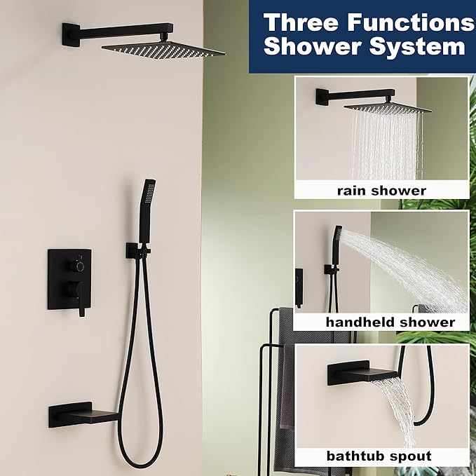 Shower System with Tub Spout, All Metal Black Bathtub Shower Faucet Set with High Pressure 10 Inch Rain Shower Head and Handheld Shower Head Set, Matte Black (Valve Include）