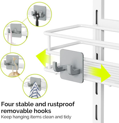Orimade Over the Door Shower Caddy Adjustable 5 Tier Black,Bathroom Hanging Organizer Shelf Rustproof with 4 Hooks,Shower Basket with Soap Holder and Suction Cup, White