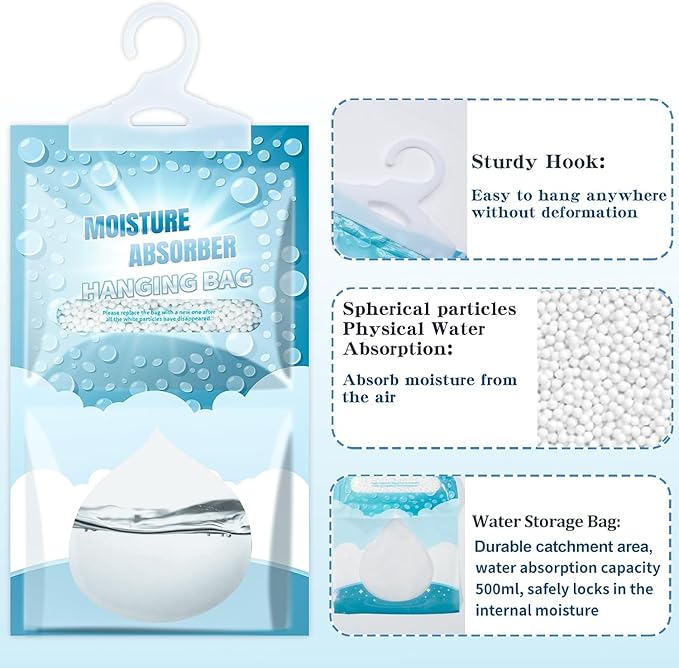 Moisture Absorbers Packets - Hanging Moisture Absorbers Dehumidifier Bags for Closet Bathroom Kitchen, Fragrance Free Humidity Absorber Packs, Removes Moisture & Odors, 5 Pack