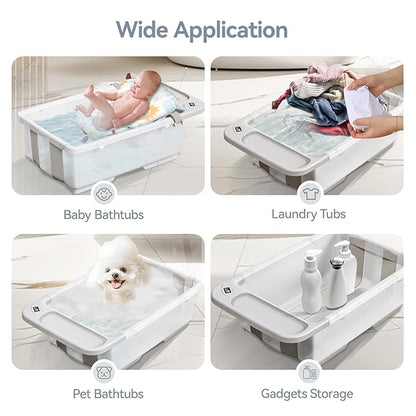 Collapsible Baby Bathtub - Large Capacity Baby Bath Tub with Thermometer & Soft Cushion | Portable Travel Newborn Infant Bathtub | Foldable Toddler Bathtub for Baby 0 to 36 Months (no Stand)