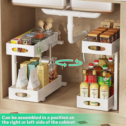 Under Sink Organizer, 2-Tier Pull Out Cabinet Organizer with Adjustable Height, Use in Kitchen Bathroom Cabinet and Countertop Storage, White, 2-Pack
