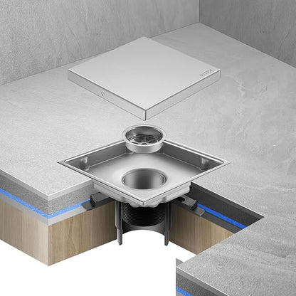 Hidden Brushed Square Shower Floor Drain, Silver 6 inch, 304 Stainless Steel, with Flange, Detachable Cover Embedded with Ceramic Tiles