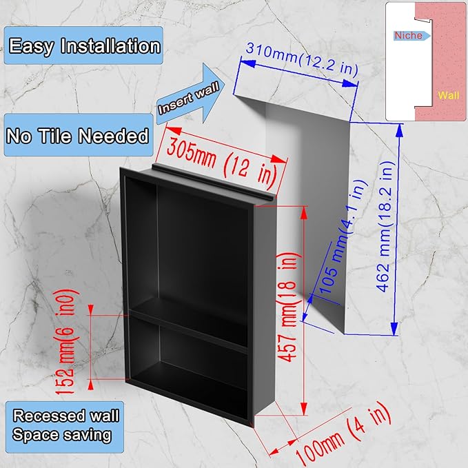 Black LED Shower Niche Stainless Steel 304 for Bathroom Storage Lighting,No Tile Need Recessed Wall Double-Shelves for Waterproof Lighting and Storage，Matte Black, 18" * 12"
