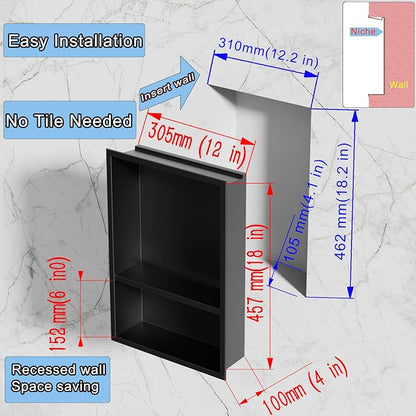 Black LED Shower Niche Stainless Steel 304 for Bathroom Storage Lighting,No Tile Need Recessed Wall Double-Shelves for Waterproof Lighting and Storage，Matte Black, 18" * 12"