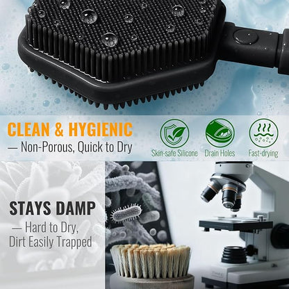 Silicone Back Scrubber for Shower – 21in Extendable Shower Brush with Long Handle – Dual-Sided Back Brush with Non-Slip Grip, Gentle Cleansing & Exfoliation for Men, Women, Elderly (Black)