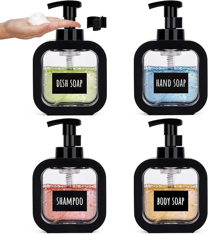Segbeauty 10.1oz Black Foaming Soap Dispenser for Kitchen, 4pcs 300ml Plastic Square Dish Wash Foam Pump Bottles, Refillable Shampoo Shower Foam Soap Dispenser, Foam Hand Wash Dispenser with Labels
