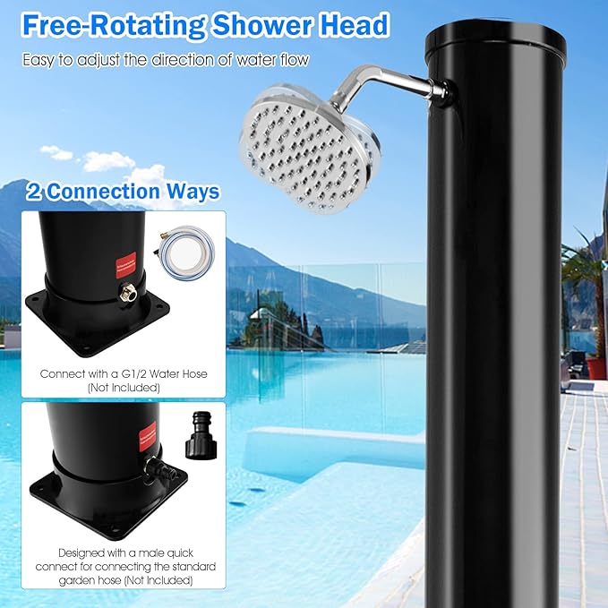 Giantex 7.2 FT 10 Gallon 2-Section Solar-Heated Outdoor Shower, Pool Shower W/Free-Rotating Shower Head, Foot Tap Spigot, Faucet, Temperature and Pressure Adjustment for Backyard, Garden, Beach Spa