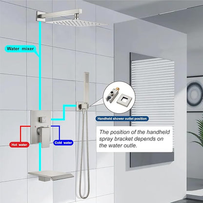 Midanya Rain Shower System with Tub Spout,Tub Shower Faucet Set with rainfall Shower Head and Handheld Spray,Wall Mount Tub Shower Combo Rough-in Valve Included,10 Inch Brushed Nickel