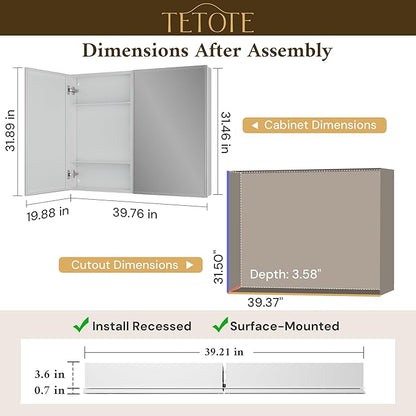 TETOTE 40 x 32 Medicine Cabinet with Tempered Beveled Mirror White Bathroom Mirror with Storage Aluminum Cabinet DTC Hinges, Stepless Adjustable Shelves, Recessed/Surface-Mounted