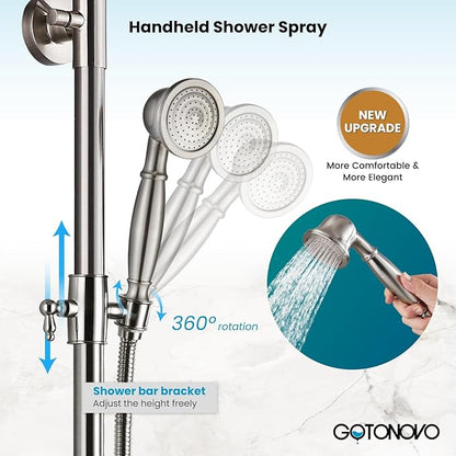 gotonovo Exposed Bathroom Shower System Classic Shower Kit 8 Inch Luxurious Rainfall Shower Head Handheld Spray Tub Filler Brass Pipe 3-Function Wall Mount Double Cross Knobs Brushed Nickel
