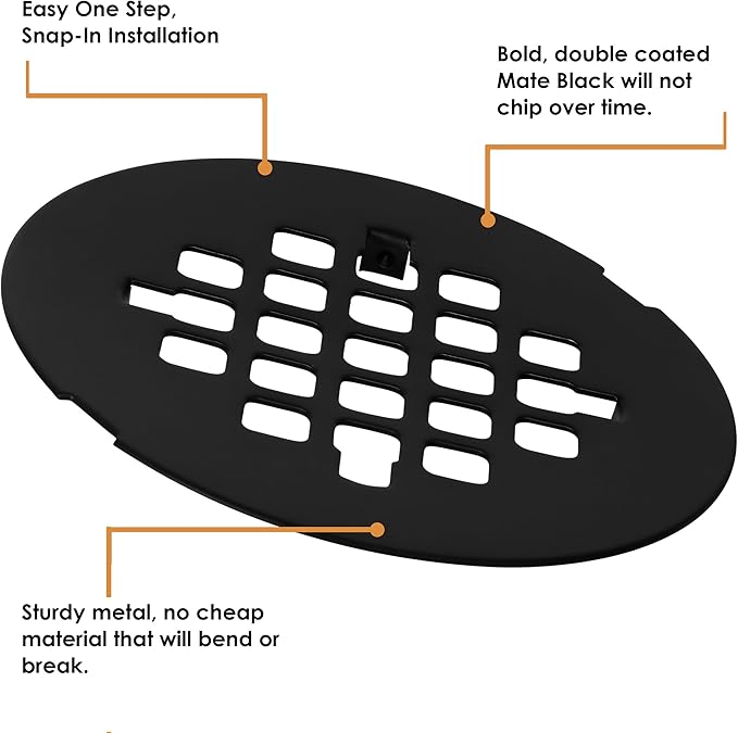 4 ¼” Matte Black Snap-in Shower Drain Cover - Premium Round Black Grate Replacement - 4.25" OD Strainer - Easy Install - Durable Solid Brass Construction