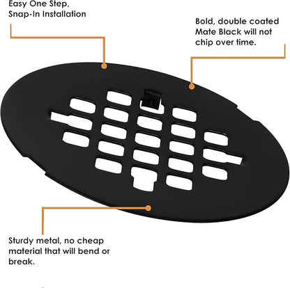 4 ¼” Matte Black Snap-in Shower Drain Cover - Premium Round Black Grate Replacement - 4.25" OD Strainer - Easy Install - Durable Solid Brass Construction