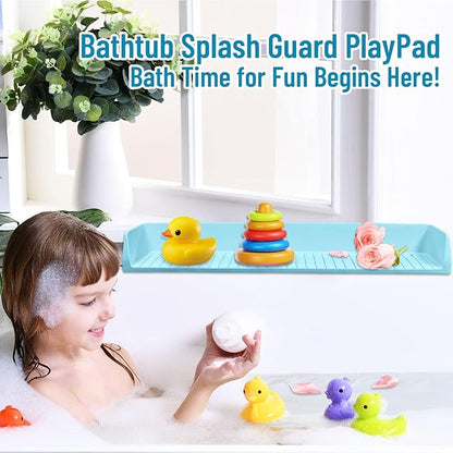 Splash Guard for Bathtub Kids, Longer Silicone Bathtub Splash Guard with 11 Suction Cups, Bath Tub Play Shelf for Kids & Toy Holder, Prevent Water Spill in Bathroom, Blue